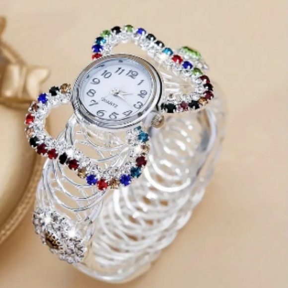 NWOT Boho Round Quartz Watch Colorful Rhinestone Stretch Bangle Watch … - Picture 1 of 3